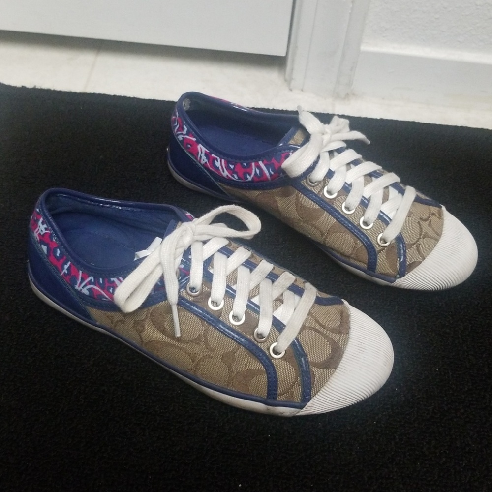 COACH signature Monogram C sneakers blue patent leather trim shoes Y2k - Picture 3 of 8